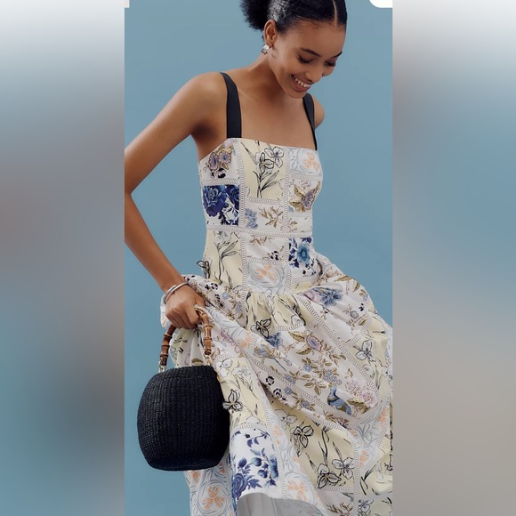 Anthropologie Maeve Cotton Sleeveless Square Neck Tile Printed Midi Maxi Dress - Picture 3 of 7